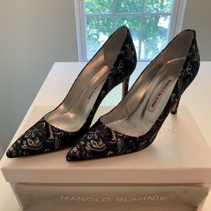 Manolo Blahnik Blue and Silver Brocade Heels